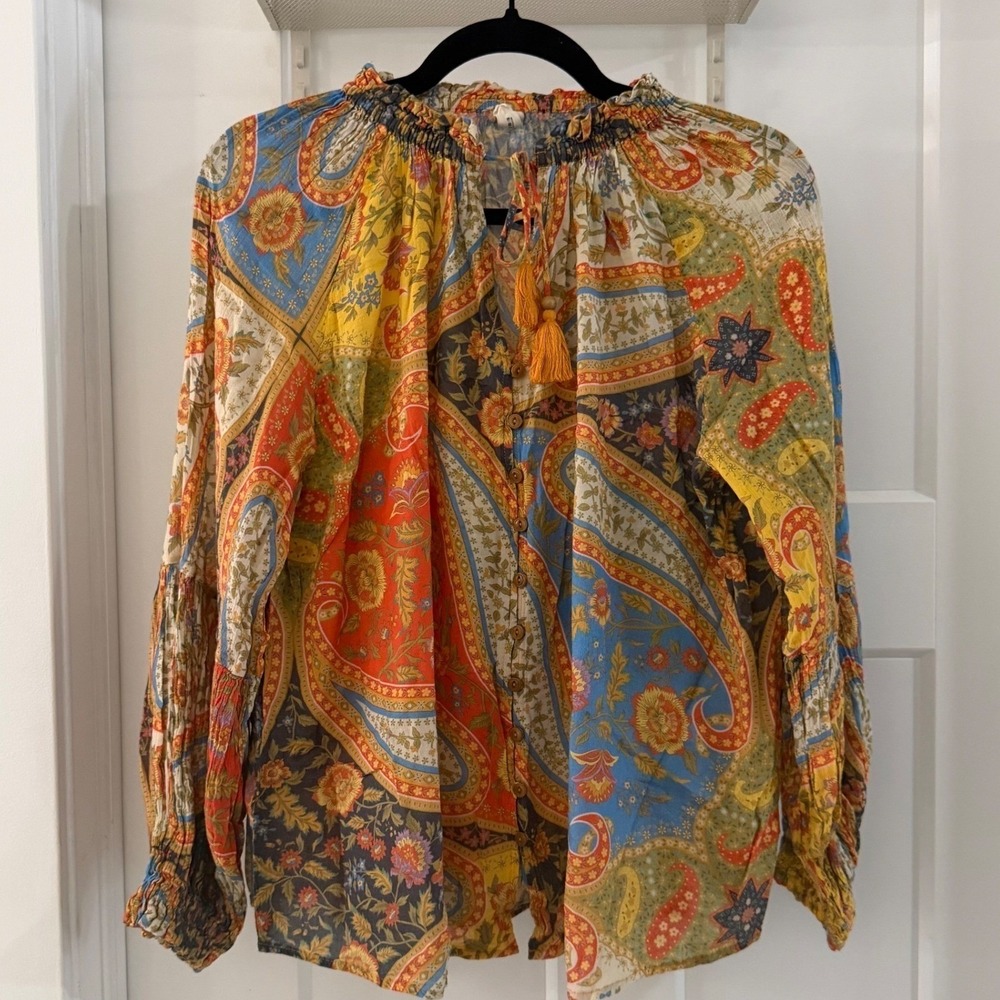 SPELL Kaleidoscope Cotton Belladonna Blouse colorful Paisley Tassel XXS Boho